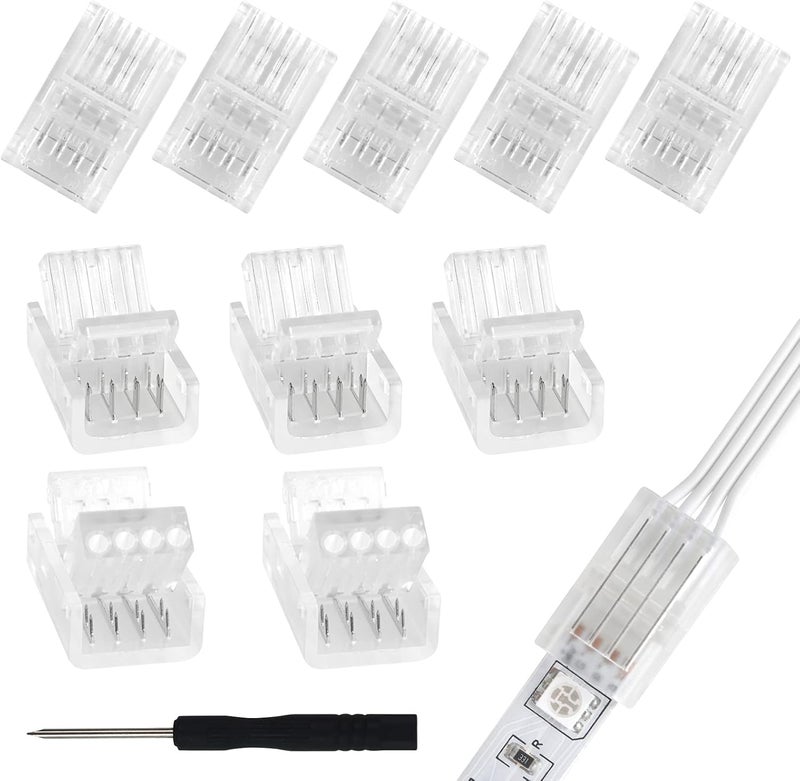 RGBZONE 10 Packs 4-Pin RGB LED Light Strip Connectors 10mm Wide Unwired Gapless Solderless Strip to Wire Quick Connectors Adapter for Waterproof or Non-Waterproof SMD 5050 Multicolor LED Light Strip - Image 1